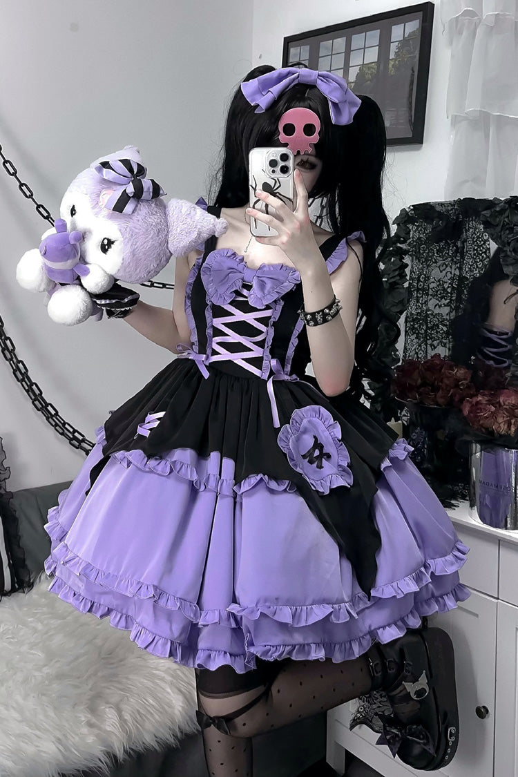 Black/Purple [Halloween Little Witch] Sleeveless Double-Layered Ruffle Bowknot Lace-Up Gothic Lolita Jsk Dress - Black/Purple - 1