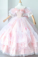 Pink Off Shoulder Short Sleeves Multi-Layered Ruffle Hanayome Bowknot Lace Sweet Plus Size Lolita Dress - Product - 3