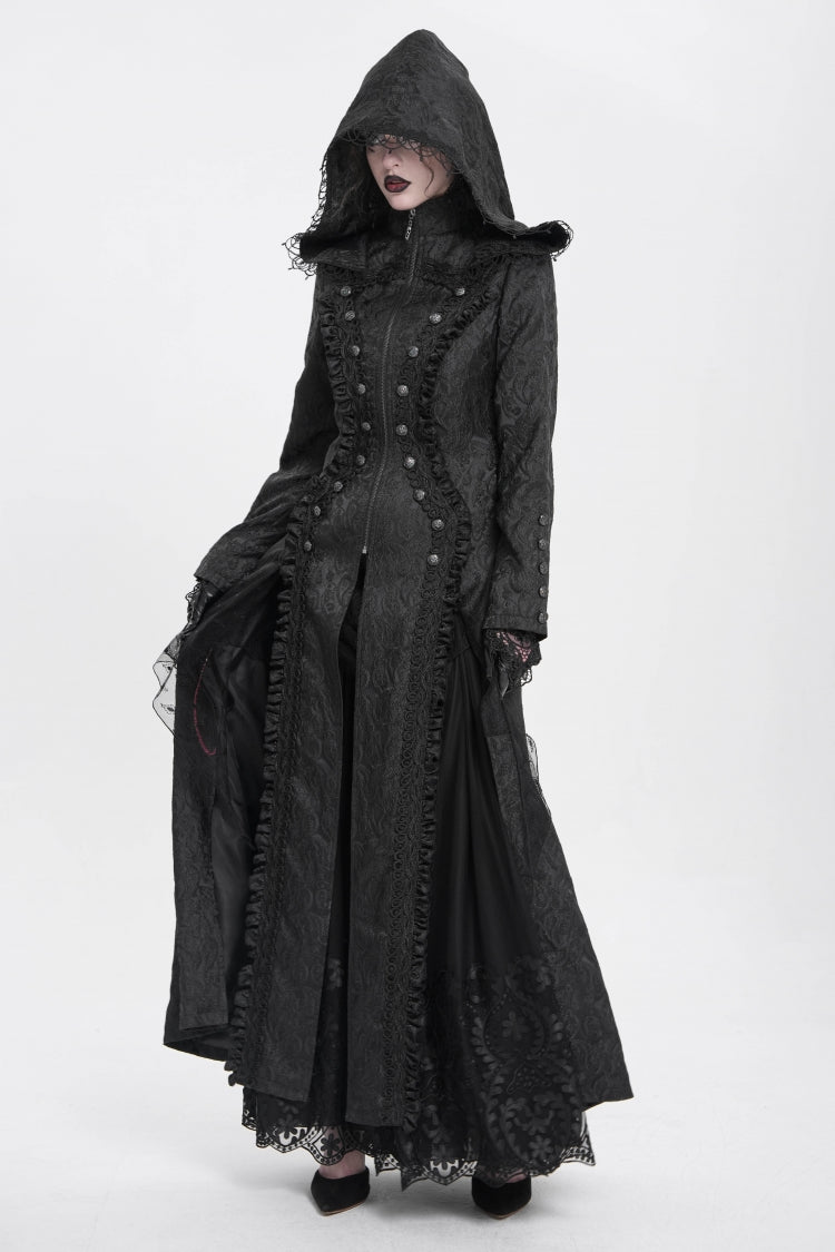 Black Stand Collar Long Sleeves Ruffle Hooded Women's Gothic Long Coat - Product - 4