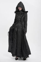 Black Stand Collar Long Sleeves Ruffle Hooded Women's Gothic Long Coat - Product - 4