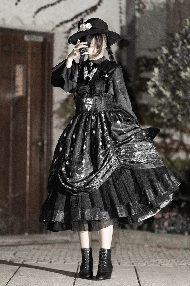 Black [Moonlit Return] Printed Boned Gothic Elegant Lolita Skirt - Product - 7