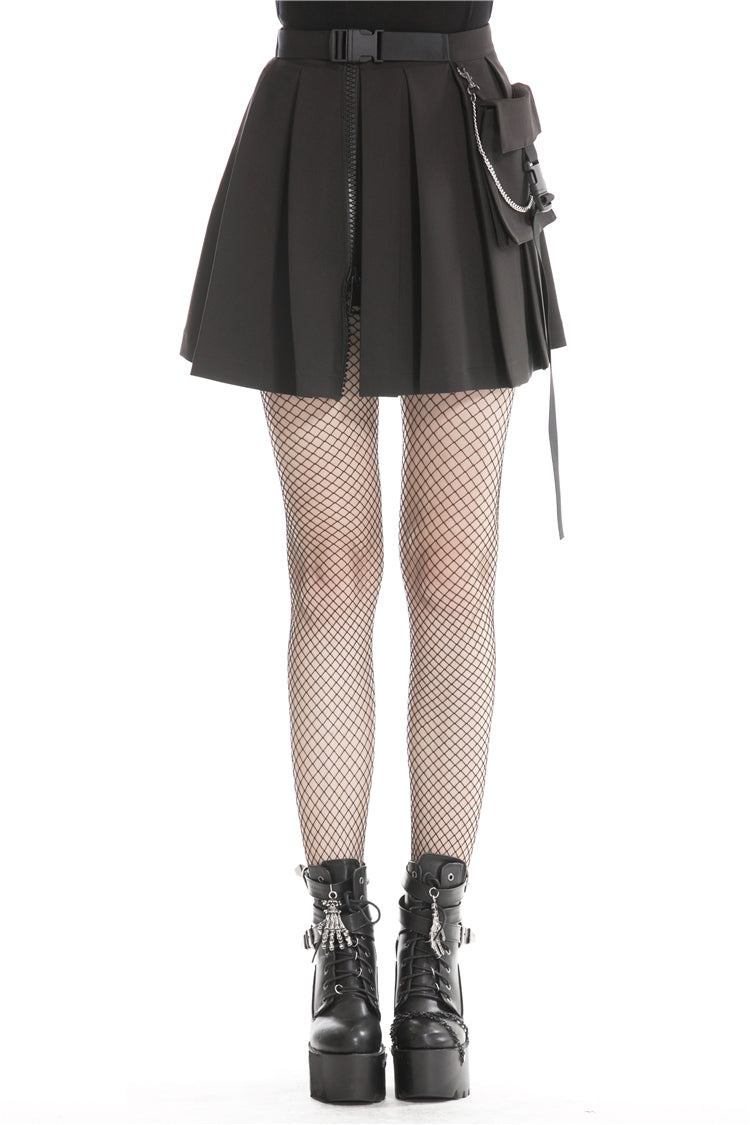 Black Zippered Pleated Women's Punk Casual Mini Skirt with Side Bag - Black - 1