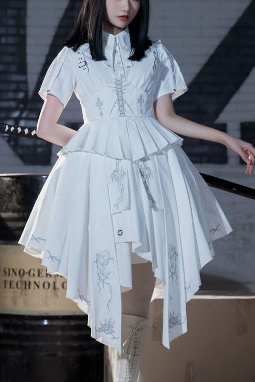 White Short Sleeves Irregular Hem New Gothic Lolita Dress - White - 1
