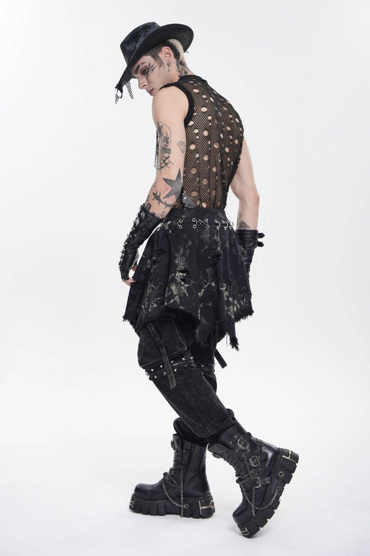 Black Irregular Ripped Buckled Pleated Chain-Decorated Men's Punk Skirt - Product - 6