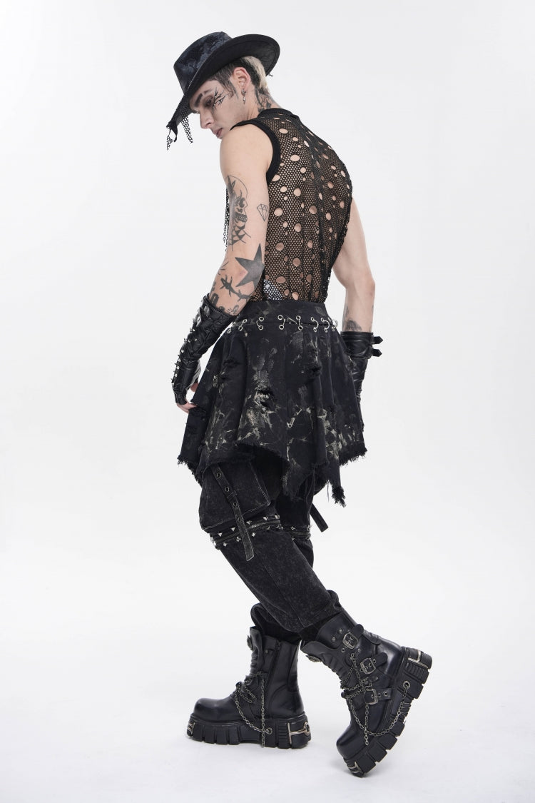 Black Irregular Ripped Buckled Pleated Chain-Decorated Men's Punk Skirt - Product - 6