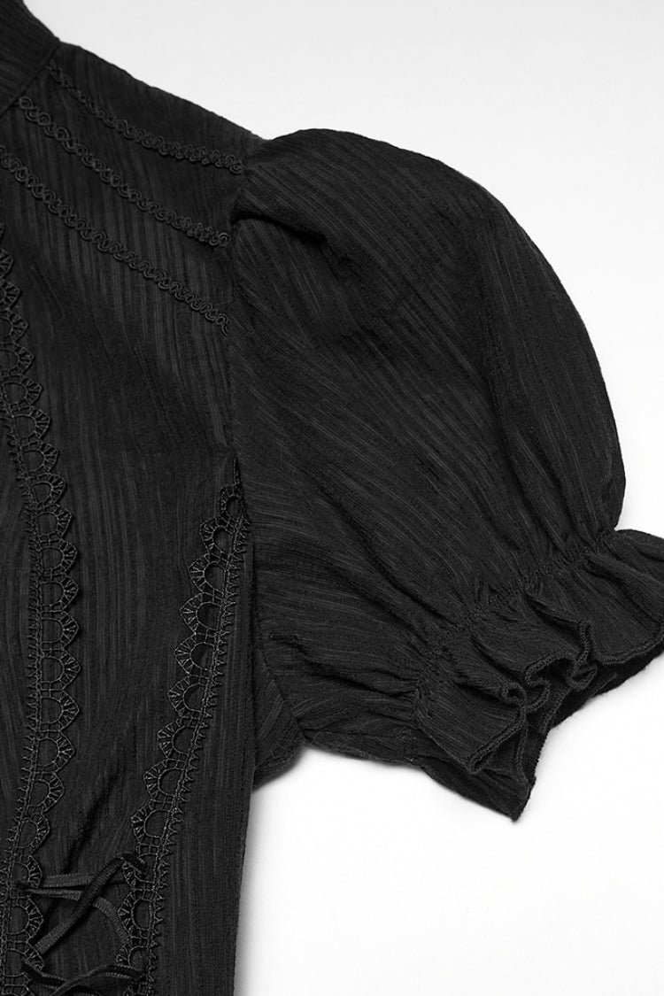 Black Stand Collar Short Puff Sleeves Ruffled Lace-Up Women's Gothic Blouse - Product - 6