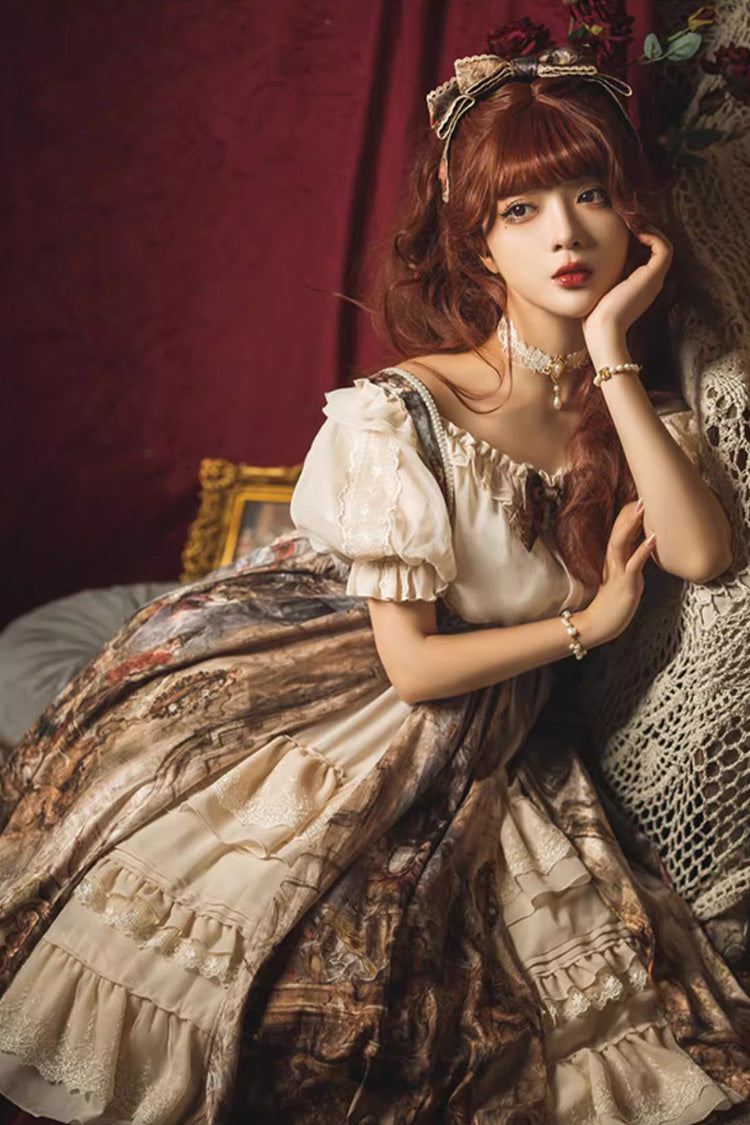 Brown [Cloria] Oil Painting Print Bowknot Lace Sweet Elegant Palace Lolita Jsk Dress - Product - 8