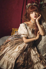 Brown [Cloria] Oil Painting Print Bowknot Lace Sweet Elegant Palace Lolita Jsk Dress - Product - 8
