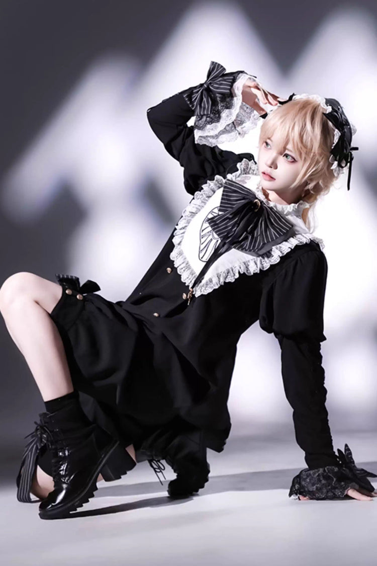 Black/White [Rabbit Hole] Long Sleeves Bow Gothic Prince Ouji Lolita Set - Product - 6