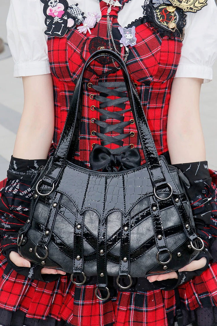 Black Patchwork Studded Punk Lolita Crossbody Bag - Product - 2