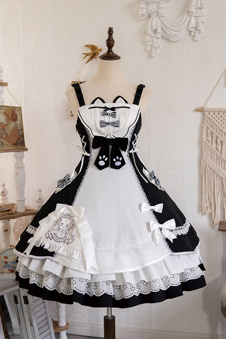 White/Black Cat Print Ruffle Bowknot Maid Sweet Lolita Dress - Product - 3