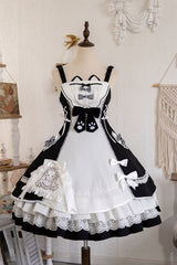 White/Black Cat Print Ruffle Bowknot Maid Sweet Lolita Dress - Product - 3