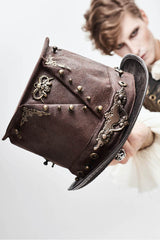 Brown Medium Top Leather Metal Stud Decorated Men's Gothic Hat - Brown - 1