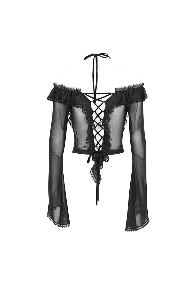 Black Lace Up Ruffled Trumpet Sleeves Mesh Women's Gothic Shirt - Product - 10