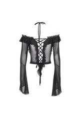 Black Lace Up Ruffled Trumpet Sleeves Mesh Women's Gothic Shirt - Product - 10