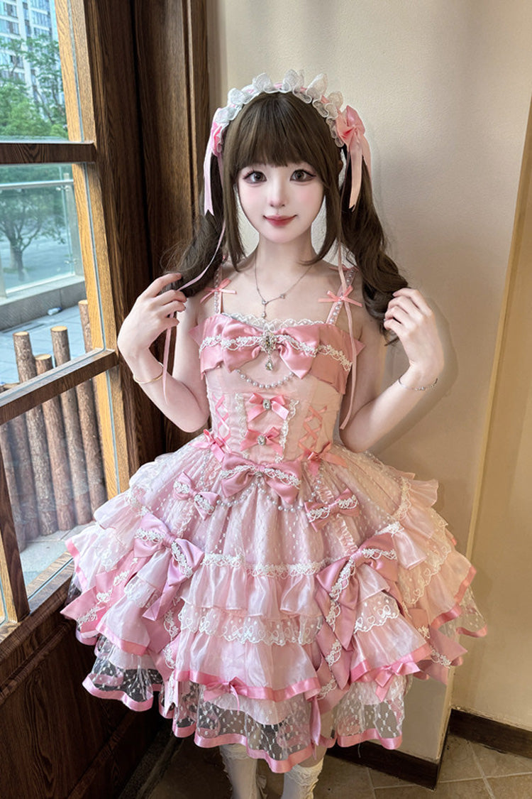 Pink [Love of Gemstones] Sleeveless Triple-Layered Ruffled Bow Lace Pearl-Decorated Sweet Lolita Jsk Dress - Product - 6