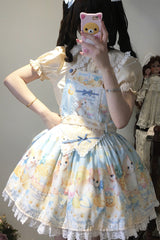 Blue [Pineapple Cat] Print Sleeveless Bowknot Lace Sweet Lolita Strap Dress - Product - 2