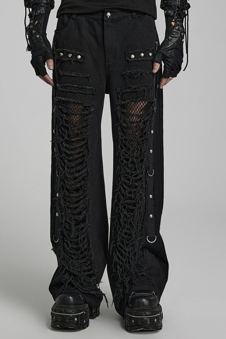 メタルリベット装飾切り替えメッシュダメージ加工メンズスチームパンクストレートパンツ 2色