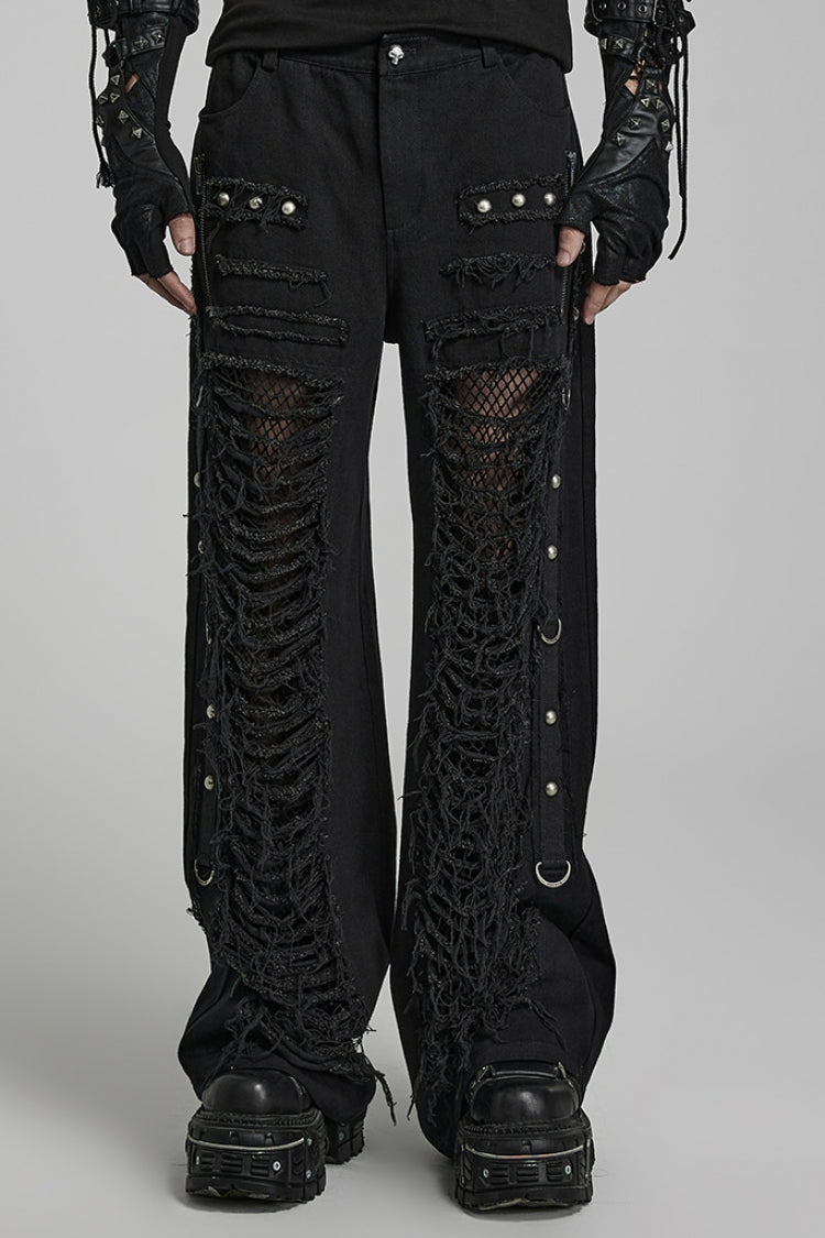 Metal Rivet Decoration Stitching Mesh Ripped Men's Steampunk Straight Pants 2 Colors - Black - 1