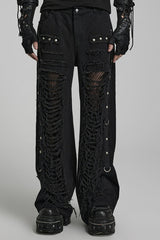 Metal Rivet Decoration Stitching Mesh Ripped Men's Steampunk Straight Pants 2 Colors - Black - 1