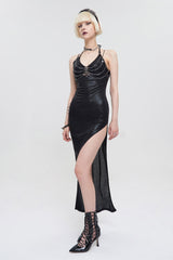Black Chest Cutout Chain Halter Neck Lace High Slit Long Women's Punk Dress - Product - 3