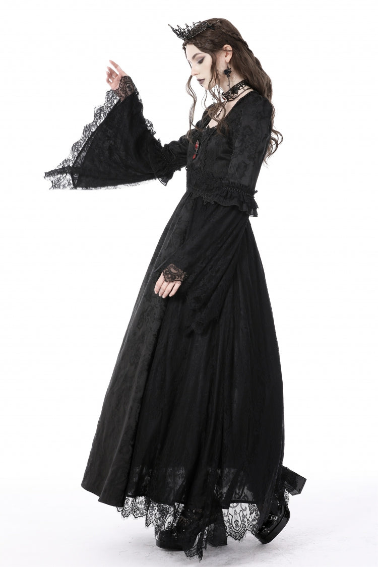 Black Square Collar Long Hime Sleeves Embroidered Lace Spliced Women's Gothic Maxi Wedding Dress - Product - 9