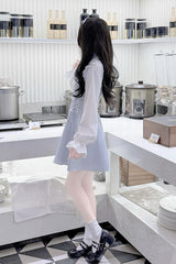 Aqua Long Sleeves Bowknot Lace-Up Sweet Jirai Kei Dress - Product - 6