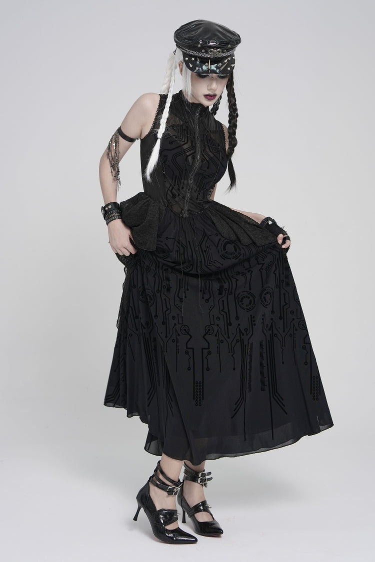 Black Stand Collar Sleeveless Multi-Layered Printed Hanayome Sheer Women's Punk Elegant Gorgeous Dress - Product - 4