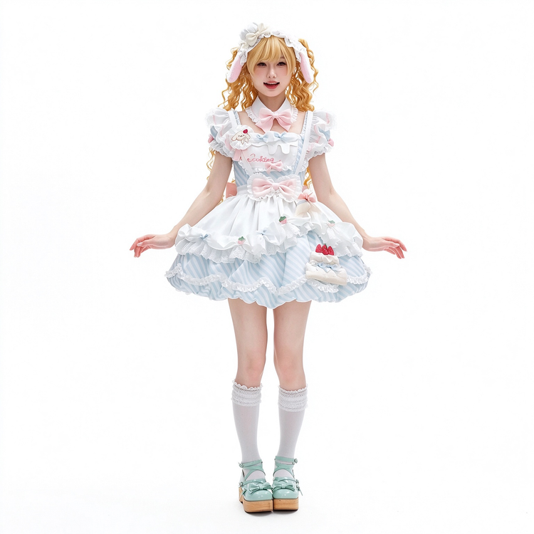 Light Blue and Pink Ruffled Maid Sweet Lolita Dress with Apron Bow Accent - view 4