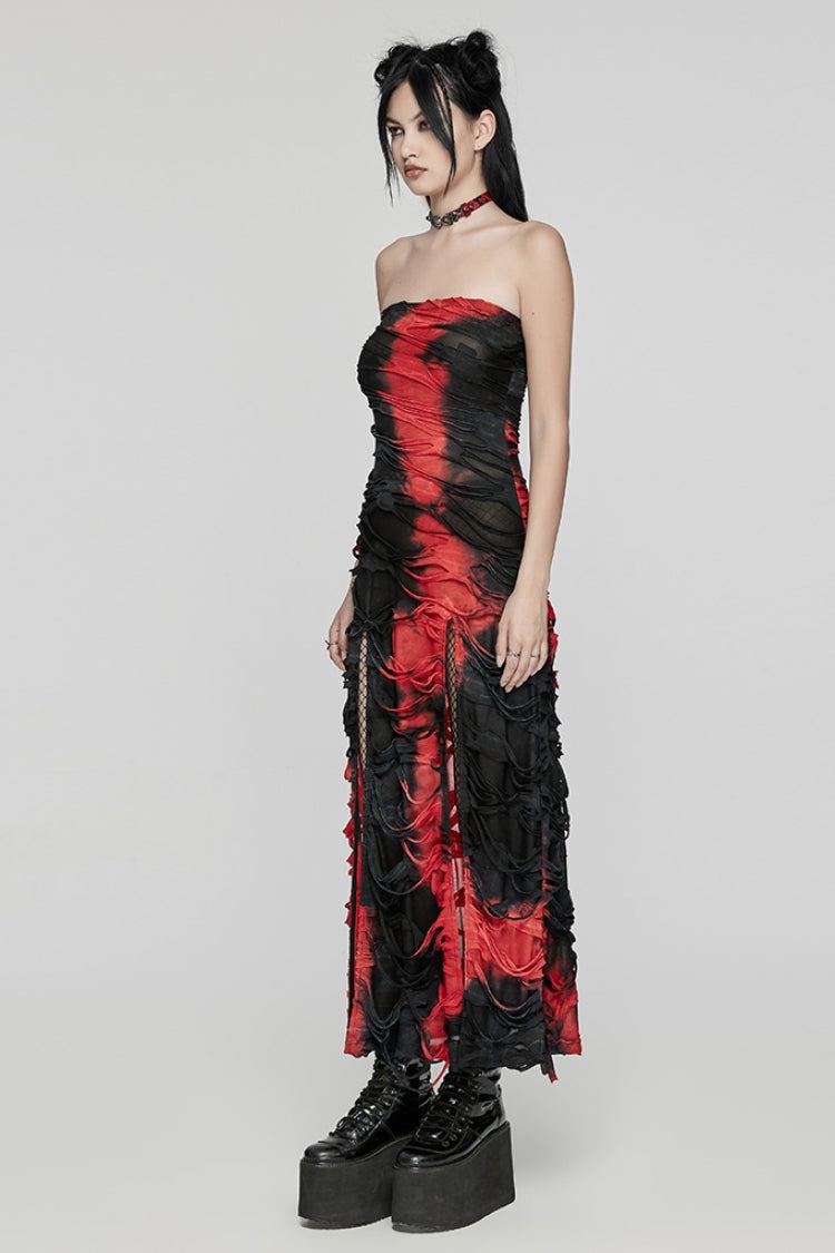 Black/Red Contrast Color Print Ripped Women's Gothic Dress - Product - 2