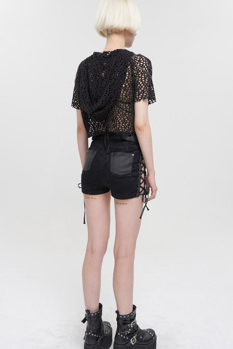 Black Punk Adjustable Grommets On Both Sides Side Straps Hollow Out Women's Shorts - Product - 5