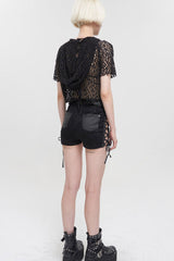 Black Punk Adjustable Grommets On Both Sides Side Straps Hollow Out Women's Shorts - Product - 5