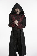 Black/Red Long Sleeves Jacquard Embroidered Spliced Lace Hooded Color-Blocked Men's Punk Cool Coat - Product - 8