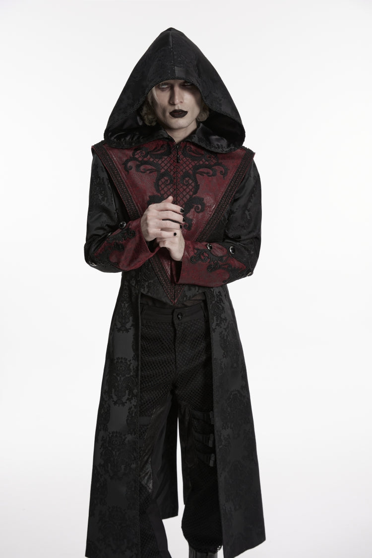 Black/Red Long Sleeves Jacquard Embroidered Spliced Lace Hooded Color-Blocked Men's Punk Cool Coat - Product - 8