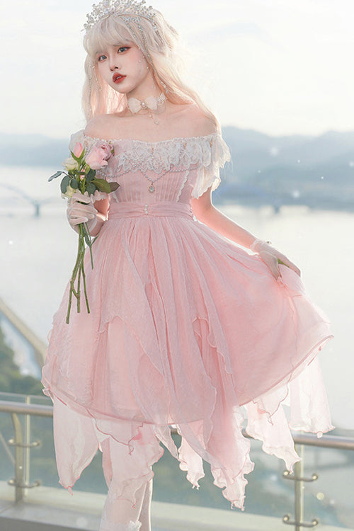 Pink Square Neck Boat Neck Versatile Lace Short Sleeves Irregular Petal Hem Sweet Lolita Dress - Product - 2