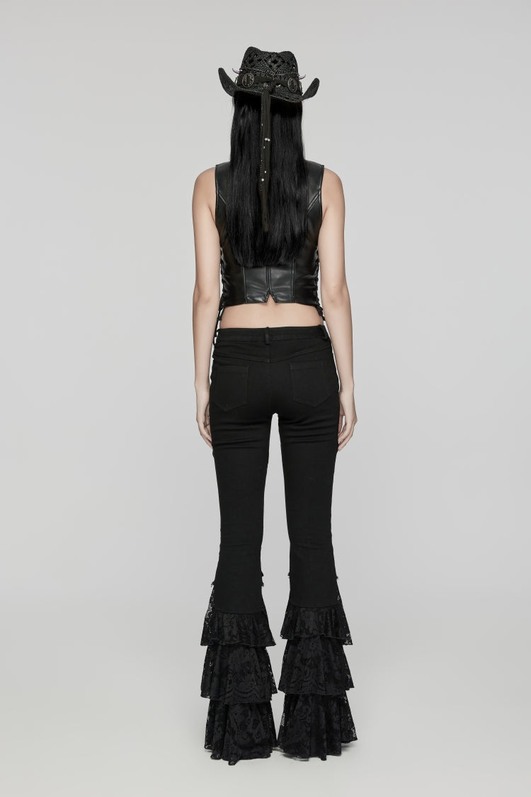 Black Lace-Up Slim Zippered Women's Punk Cool Faux Leather Vest - Product - 4
