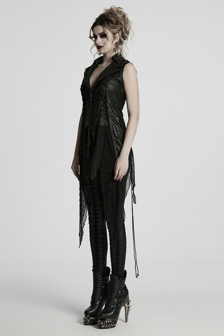 Black V Collar Sleeveless Stitching Lace-Up Irregular Mesh Women's Gothic Long Vest - Product - 2