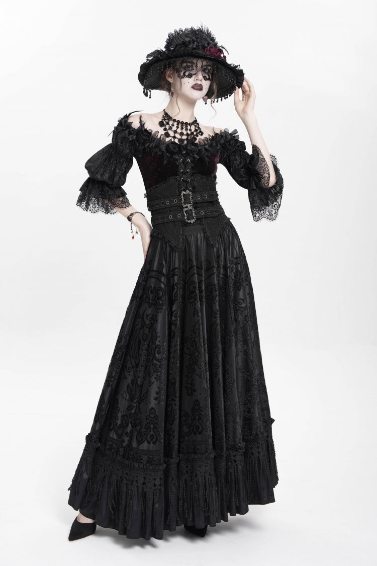 Black Jacquard Embroidery Buckle Tassels Women's Gothic Long Skirt - Product - 3