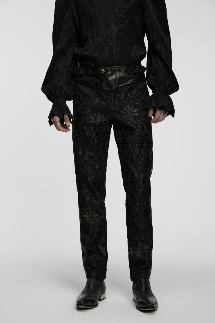 Black Jacquard Floral Embroidered Men's Gothic Pants - Product - 8