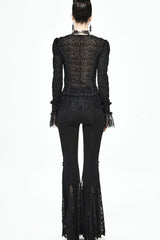 lack Gothic Flocking V-Neck Front Splice Velvet Long Sleeve Lace Hem Women's Blouse - Product - 10