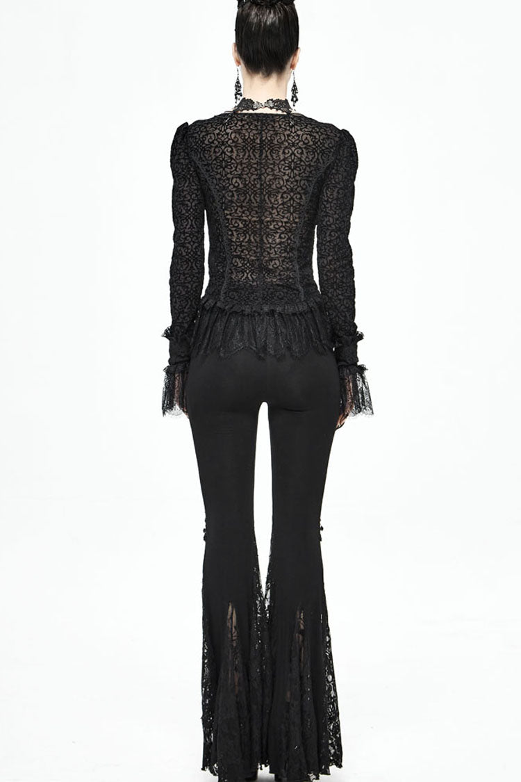 lack Gothic Flocking V-Neck Front Splice Velvet Long Sleeve Lace Hem Women's Blouse - Product - 10