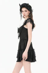 Black Flutter Sleeves Jacquard Bowknot Lace Ruffled Lace-Up Women's Gothic Cake Mini Dress - Product - 2