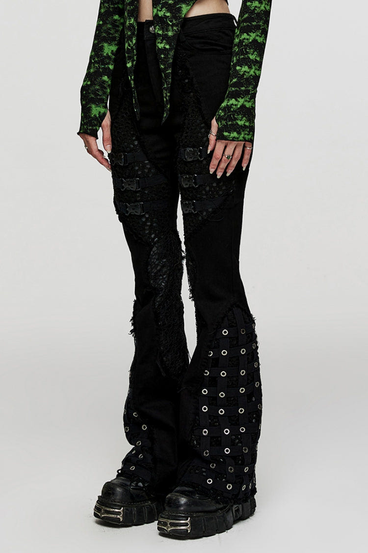 Black Hole Eyes Buckle Unedged Flared Women's Punk Pants - Product - 2