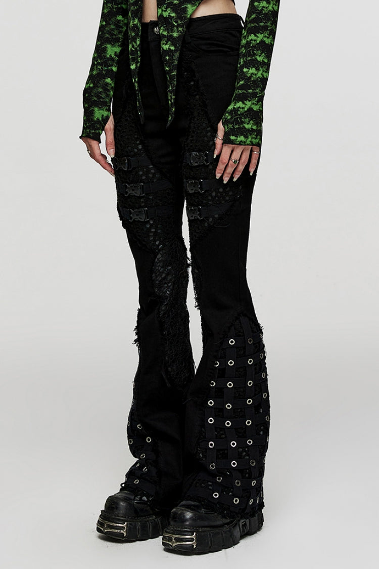 Black Hole Eyes Buckle Unedged Flared Women's Punk Pants - Product - 2
