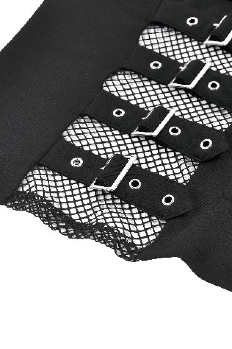 Black Mesh Spliced Long Sleeves Buckled Strap Eyelet Women's Punk Top - Product - 13