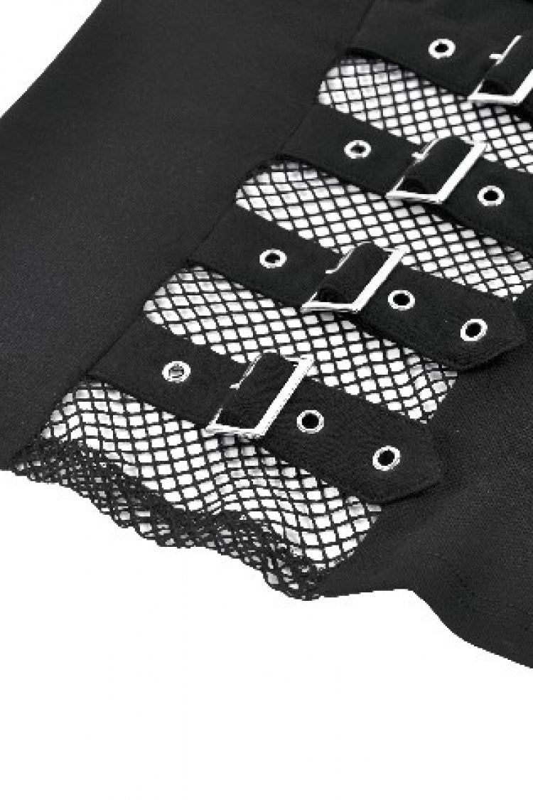 Black Mesh Spliced Long Sleeves Buckled Strap Eyelet Women's Punk Top - Product - 13