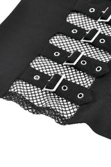 Black Mesh Spliced Long Sleeves Buckled Strap Eyelet Women's Punk Top - Product - 13
