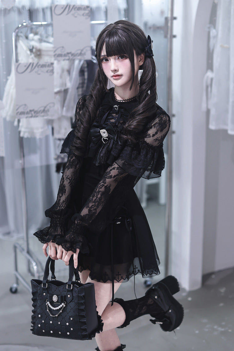 ブラック [Lace Doll] ラウンドカラー 長袖 フリル Cut-Out 刺繍 リボン レース ゴシック 地雷系 和風 ワンピース 商品画像