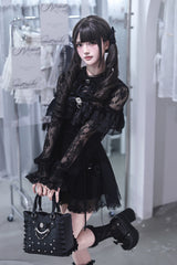 Black [Lace Doll] Round Collar Long Sleeves Ruffled Cut-Out Embroidered Bow Lace Gothic Jirai Kei Japanese Dress - Product - 9