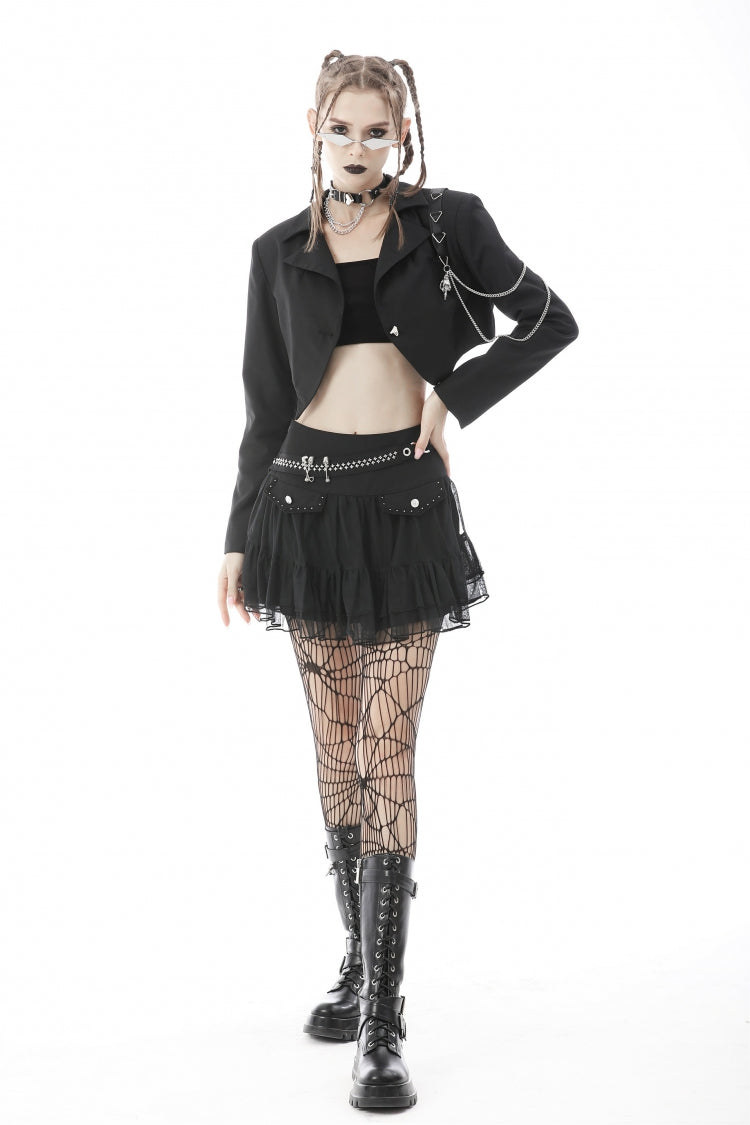 Black Lapel Collar Long Sleeves Chain-Decorated Women's Punk Irregular Short Jacket - Product - 6